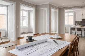 Renovation site meeting table with architectural drawings and floor plans, partition framing behind